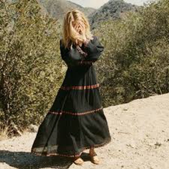 DOEN Embroidered Floral Black Cotton Gauze V-Neck Maxi Dress Large - Picture 3 of 4